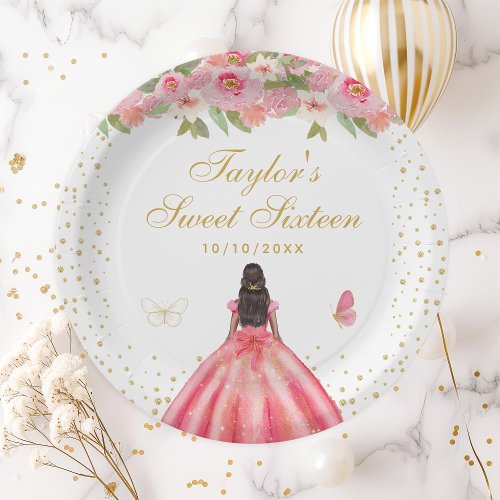 Pink Floral Dark Skin Princess Sweet Sixteen Paper Plates