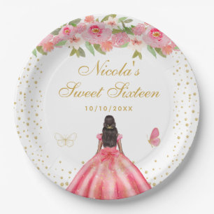 Pink Floral Dark Skin Princess Sweet Sixteen Paper Plates