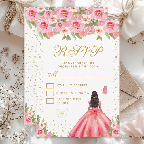 Pink Floral Dark Skin Princess Sweet Sixteen RSVP Card