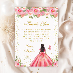 Pink Floral Dark Skin Princess Sweet Sixteen Thank You Card