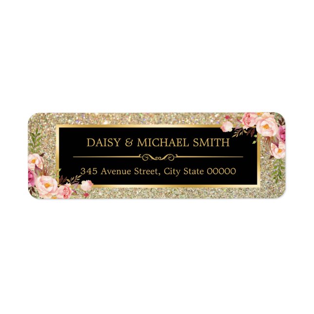 Pink Floral Decor | Golden Glitter Sparkles Label (Front)