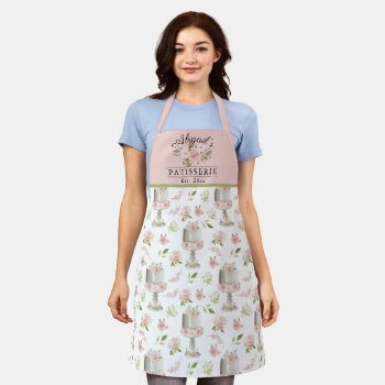 Pink Floral Decorated Cake On Stand  Monogram Apron by TrendyKitchens at Zazzle