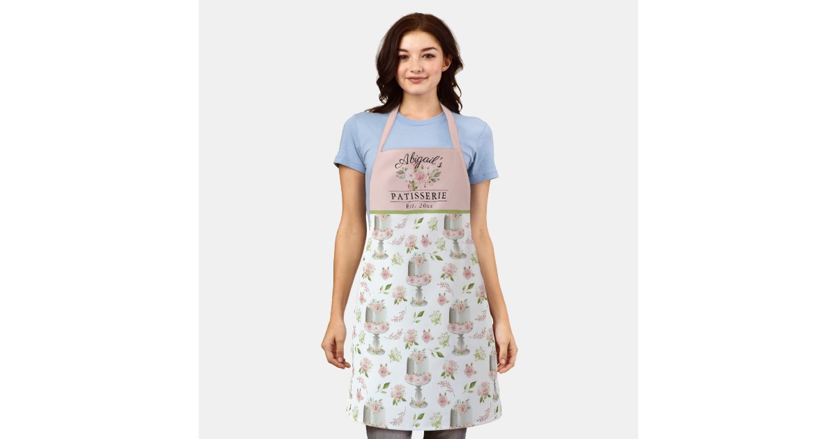 Pink Floral Decorated Cake on Stand Monogram Apron | Zazzle