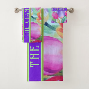 PINK Floral Decorative. Text Bath Towel Set