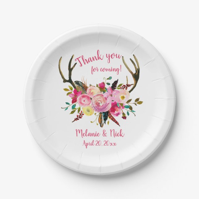 Pink floral deer antlers bridal shower decor paper plates (Front)