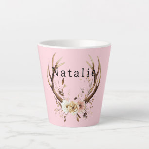 Pink Floral Deer Antlers Personalized Latte Mug