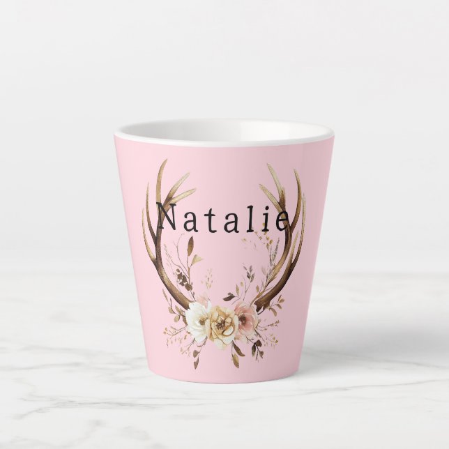Pink Floral Deer Antlers Personalized Latte Mug (Front)