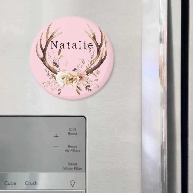 Pink Floral Deer Antlers Personalized Magnet (In Situ (Fridge))