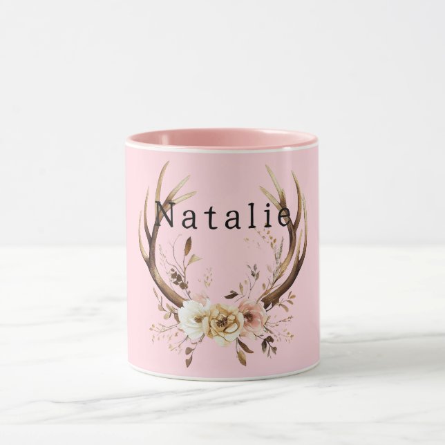 Pink Floral Deer Antlers Personalized Mug (Center)