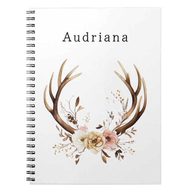 Pink Floral Deer Antlers Personalized Name Notebook (Front)