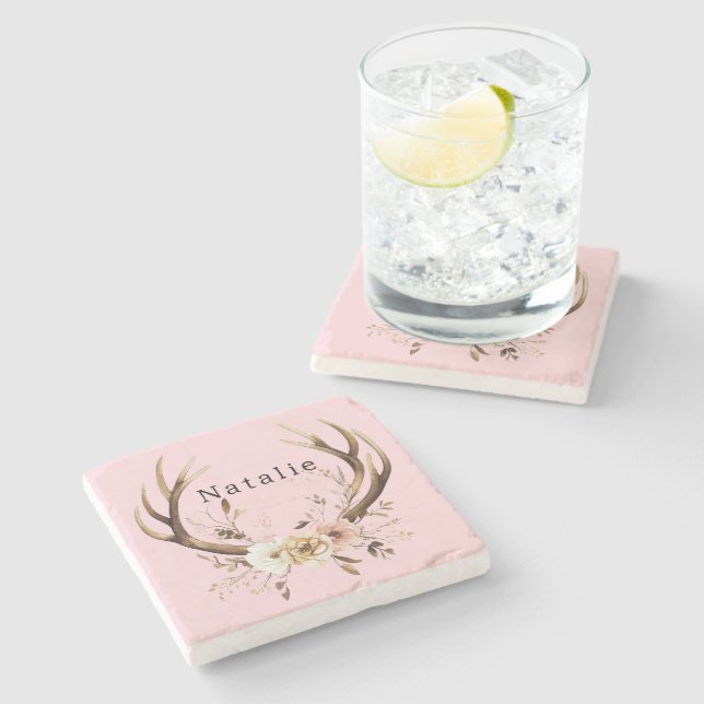 Pink Floral Deer Antlers Personalized Stone Coaster (Side)