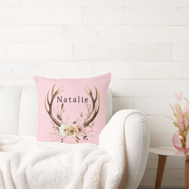 Pink Floral Deer Antlers Personalized Throw Pillow (Couch)