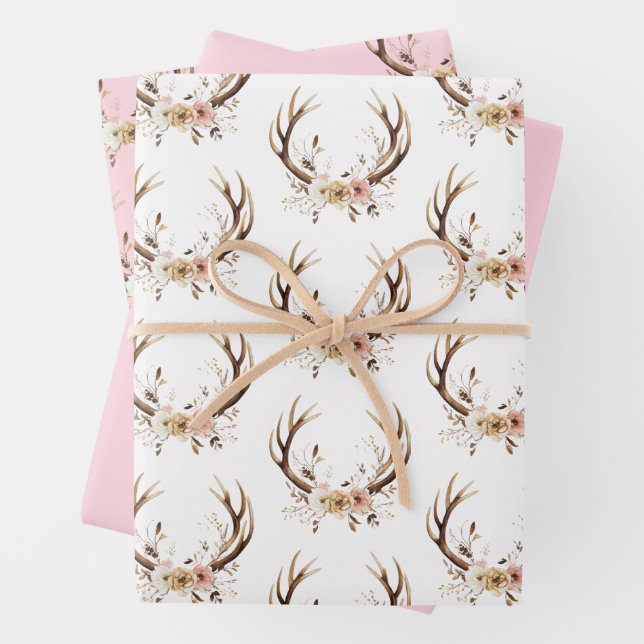 Pink Floral Deer Antlers Personalized   Wrapping Paper Sheets (In situ)