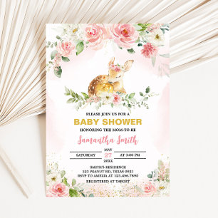 Pink Floral Deer Baby Shower Invitation