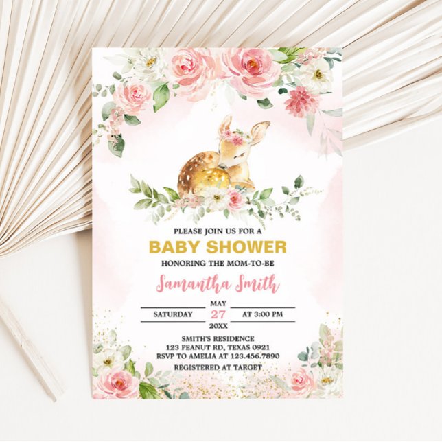 Pink Floral Deer Baby Shower  Invitation (Girl Floral Deer Baby Shower Invitation)