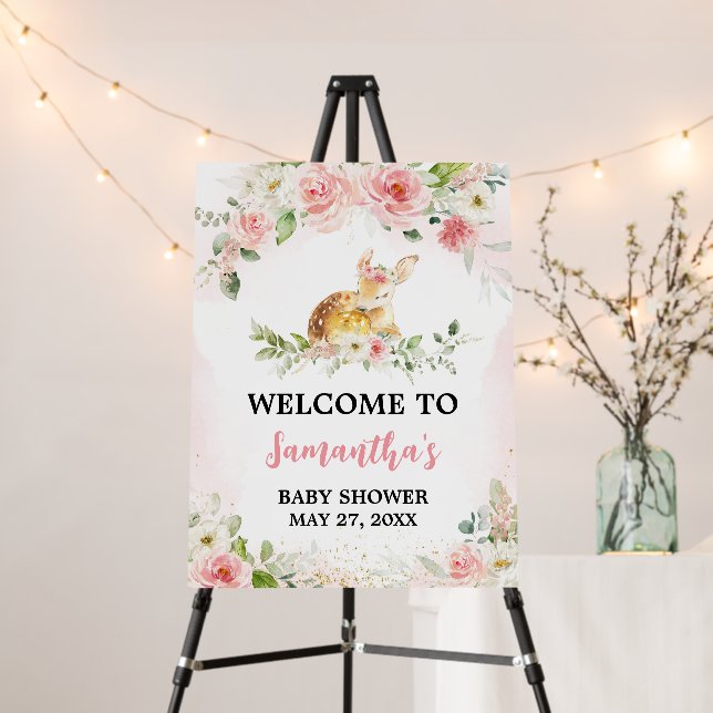Pink Floral Deer Baby Shower Welcome Signs (In Situ (Stand))