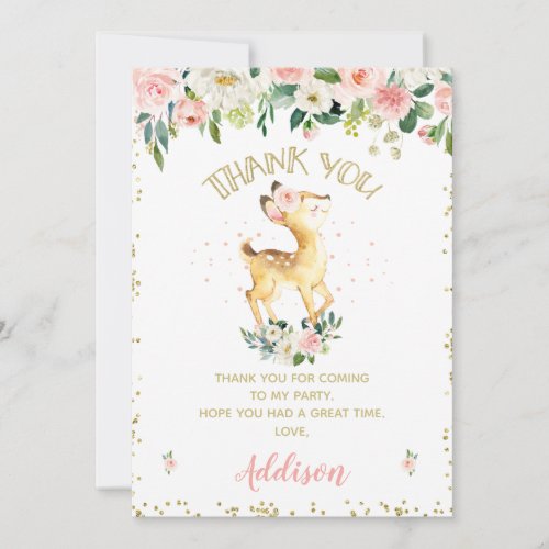 Pink Floral Deer Birthday Thank You Card