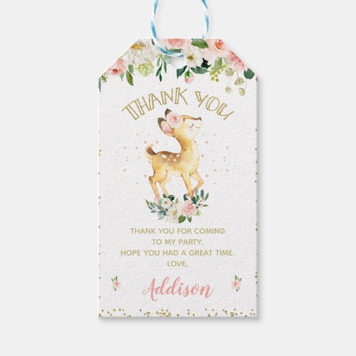 Pink Floral Deer Birthday Thank You Favor Gift Tags