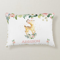 Pink Floral Deer Girl's Nursery Accent Pillow