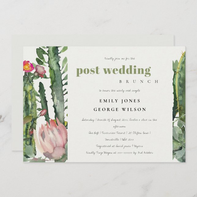 PINK FLORAL DESERT CACTI FAUNA POST WEDDING BRUCH INVITATION (Front/Back)