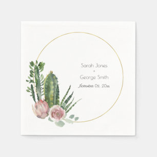 PINK FLORAL DESERT CACTI FAUNA WATERCOLOR WEDDING NAPKINS