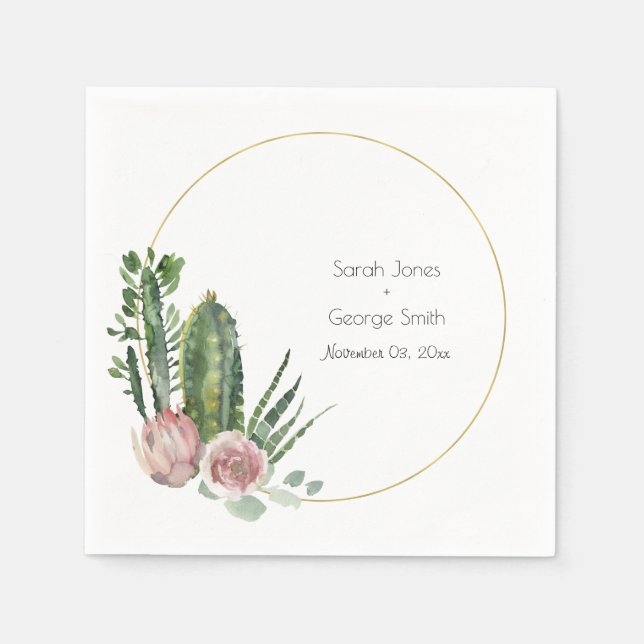PINK FLORAL DESERT CACTI FAUNA WATERCOLOR WEDDING NAPKINS (Front)