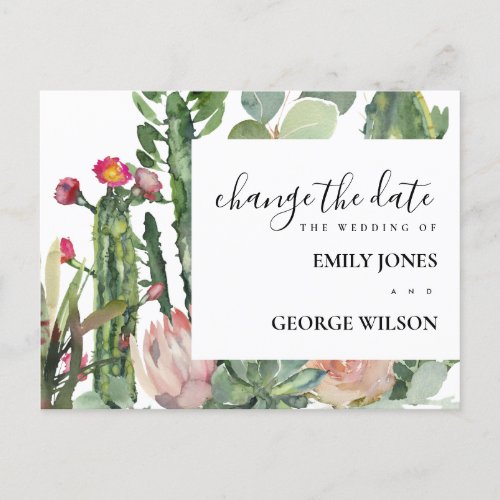PINK FLORAL DESERT CACTI FOLIAGE CHANGE THE DATE ANNOUNCEMENT POSTCARD