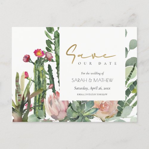 PINK FLORAL DESERT CACTI FOLIAGE SAVE THE DATE ANNOUNCEMENT POSTCARD