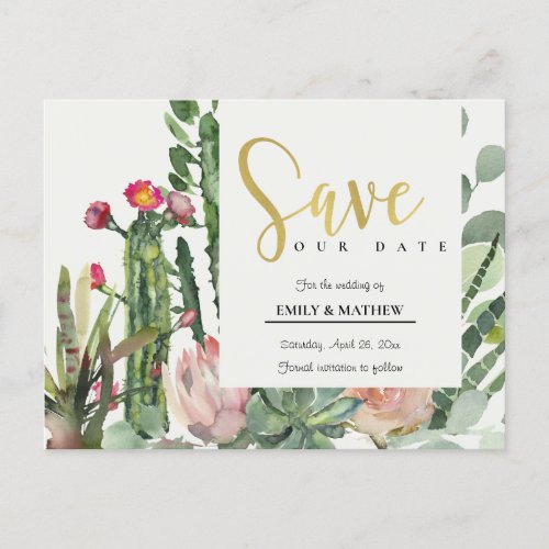 PINK FLORAL DESERT CACTI FOLIAGE SAVE THE DATE ANNOUNCEMENT POSTCARD