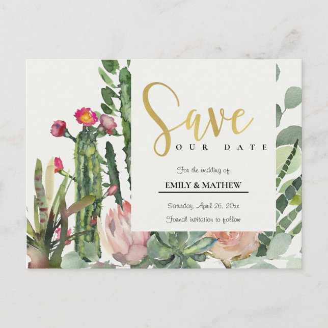 PINK FLORAL DESERT CACTI FOLIAGE SAVE THE DATE ANNOUNCEMENT POSTCARD (Front)
