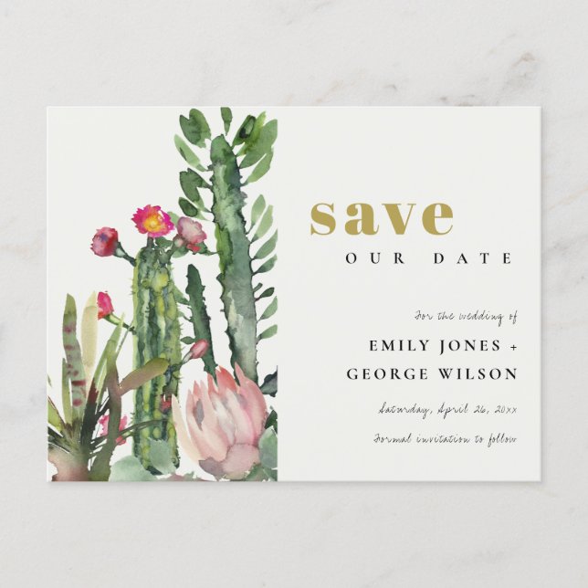 PINK FLORAL DESERT CACTI FOLIAGE SAVE THE DATE ANNOUNCEMENT POSTCARD (Front)