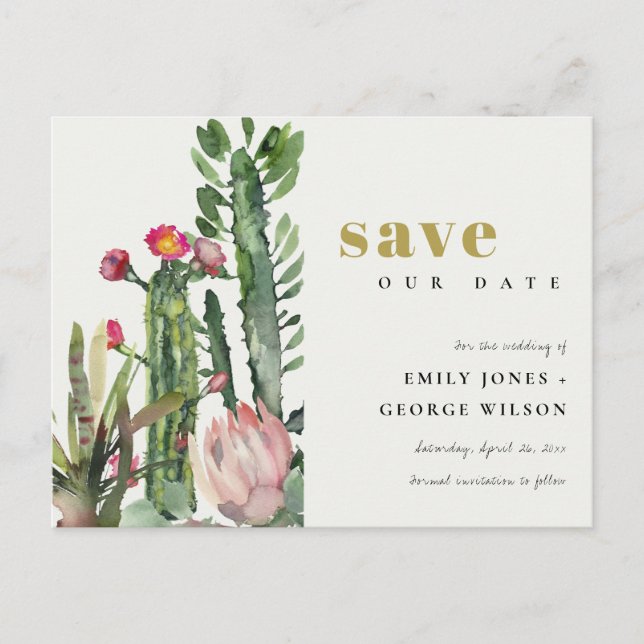 PINK FLORAL DESERT CACTI FOLIAGE SAVE THE DATE ANNOUNCEMENT POSTCARD (Front)