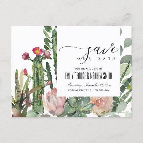 PINK FLORAL DESERT CACTI FOLIAGE SAVE THE DATE ANNOUNCEMENT POSTCARD