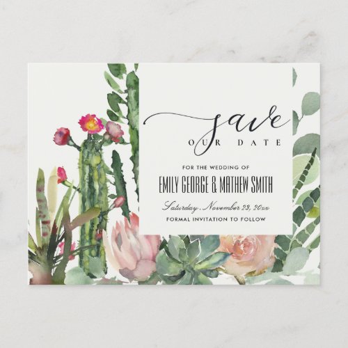 PINK FLORAL DESERT CACTI FOLIAGE SAVE THE DATE ANNOUNCEMENT POSTCARD