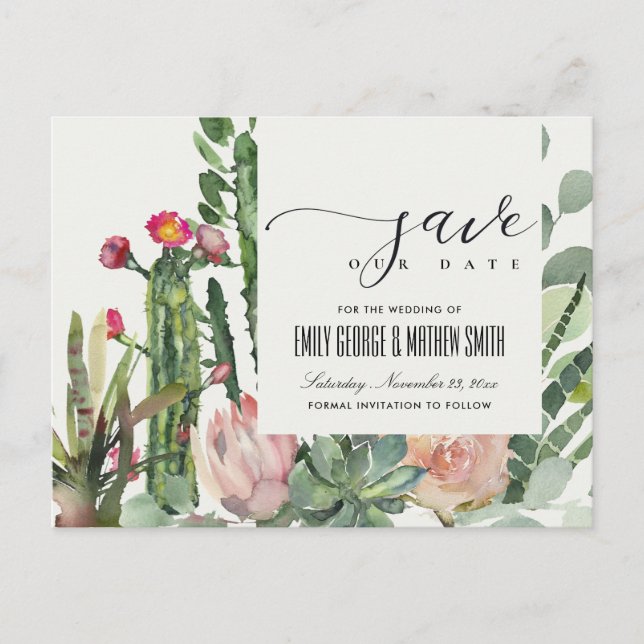 PINK FLORAL DESERT CACTI FOLIAGE SAVE THE DATE ANNOUNCEMENT POSTCARD (Front)