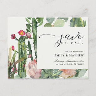 PINK FLORAL DESERT CACTI FOLIAGE SAVE THE DATE ANNOUNCEMENT POSTCARD