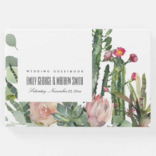 PINK FLORAL DESERT CACTI FOLIAGE  WATERCOLOR GUEST BOOK