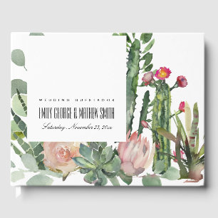 PINK FLORAL DESERT CACTI FOLIAGE WATERCOLOR GUEST BOOK