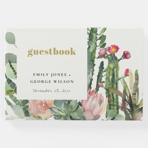 PINK FLORAL DESERT CACTI FOLIAGE  WATERCOLOR GUEST BOOK