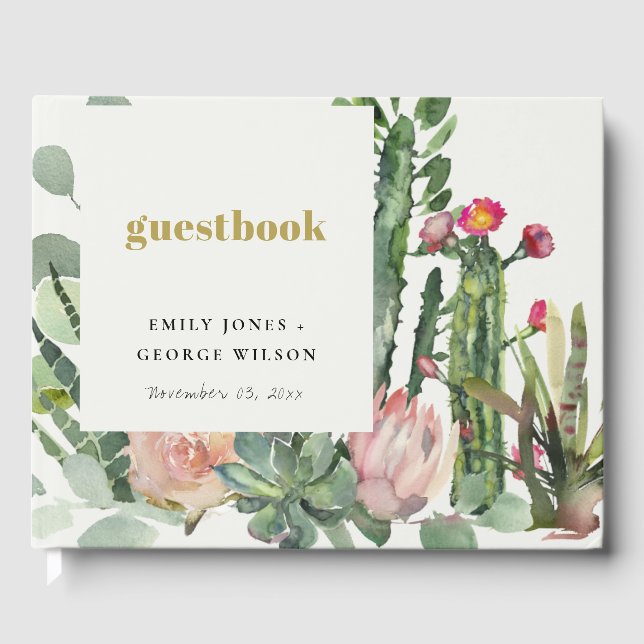 PINK FLORAL DESERT CACTI FOLIAGE  WATERCOLOR GUEST BOOK (Front)