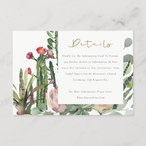 Pink Floral Desert Cacti Foliage Wedding Details Enclosure Card