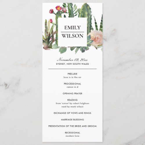 PINK FLORAL DESERT CACTI  WEDDING CEREMONY PROGRAM