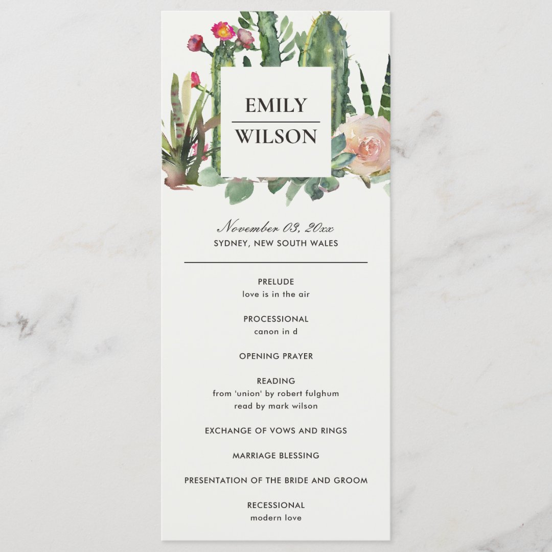 PINK FLORAL DESERT CACTI WEDDING CEREMONY PROGRAM | Zazzle