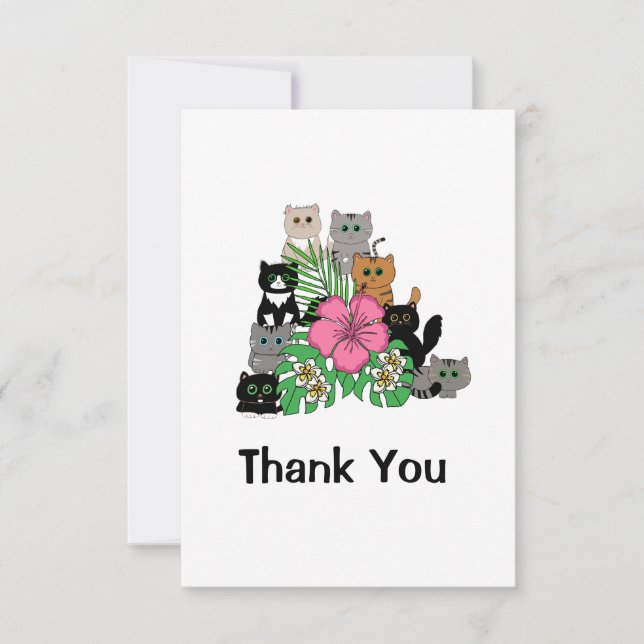 Pink Floral Design Cute Cat Family Thank You Card (Front)