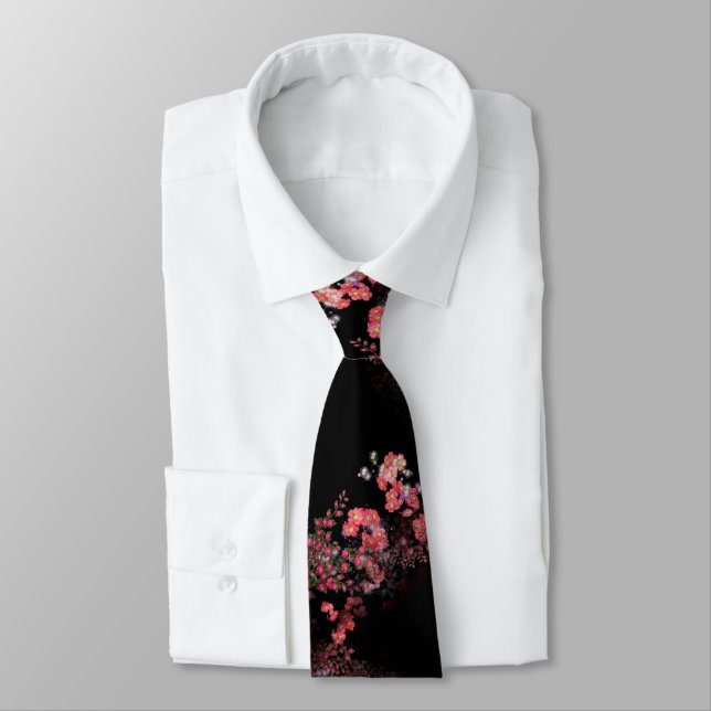 Pink Floral Design On Black Neck Tie (Tied)
