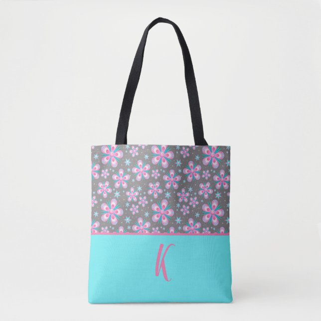 Pink Floral Design Personalized Tote Bag (Front)