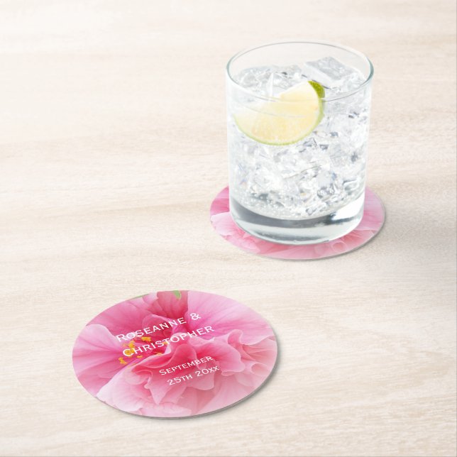 Pink Floral Design Wedding Round Paper Coaster (Insitu)
