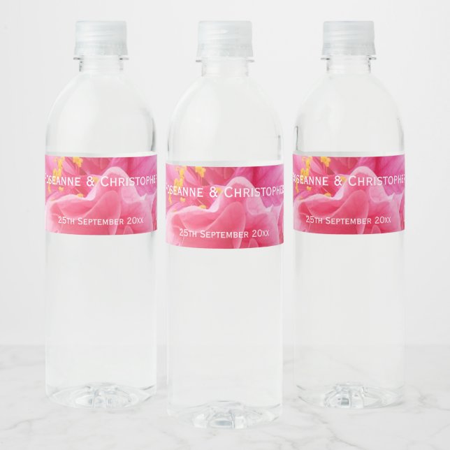 Pink Floral Design Wedding Water Bottle Label (Bottles)