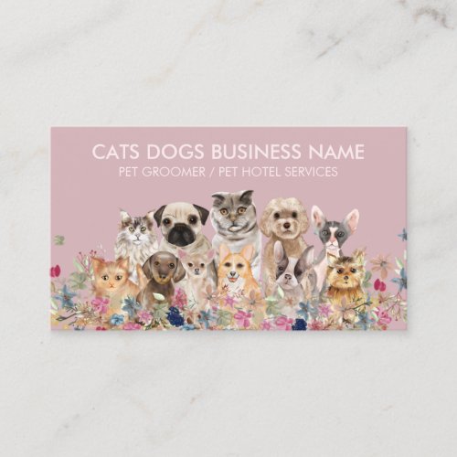 Pink Floral Design with Cats Dogs Business Card