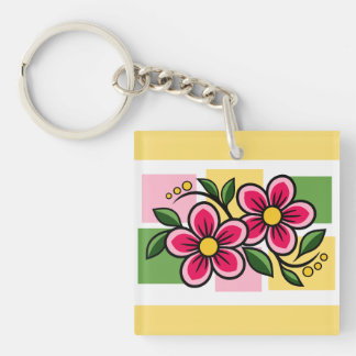 Pink Floral Design with Green Leaves Keychain